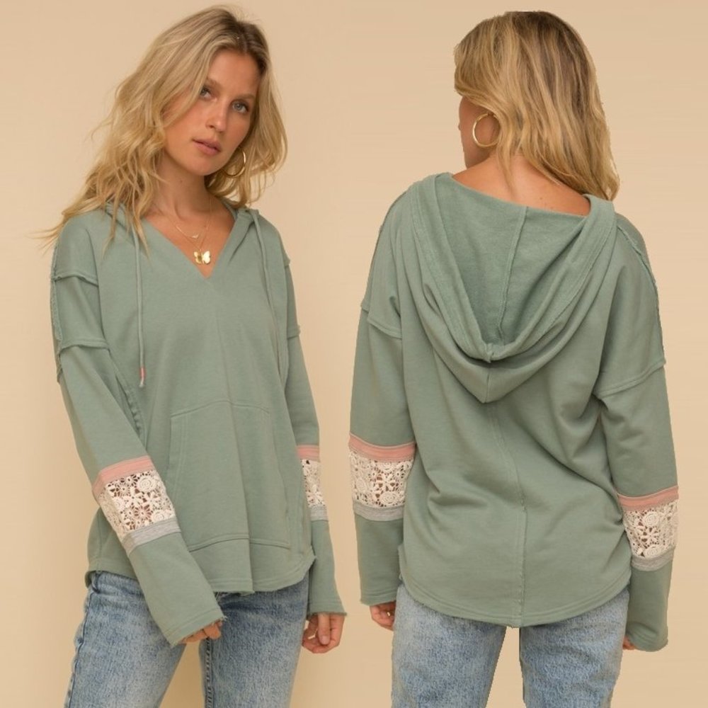 Hem & Thread French Terry Pullover Hoodie Sweater NWT • Green Boho Long Sleeve